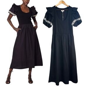 NWT Cleobella Black Embroidered Ruffle Puff Sleeve Midi Cotton Dress Size L